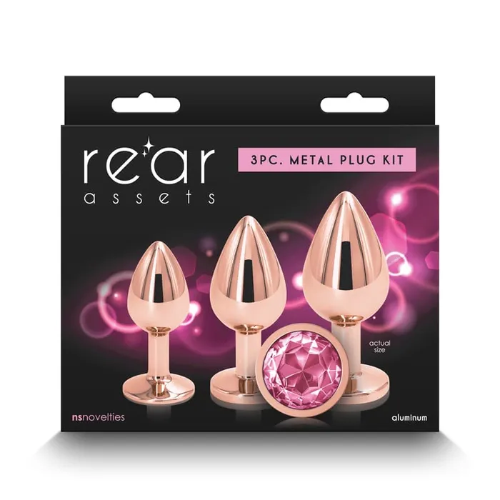 NS Novelties Anal Rear Assets Trainer Kit Pink Metallic Butt Plugs with Pink Gems Set of 3 Sizes