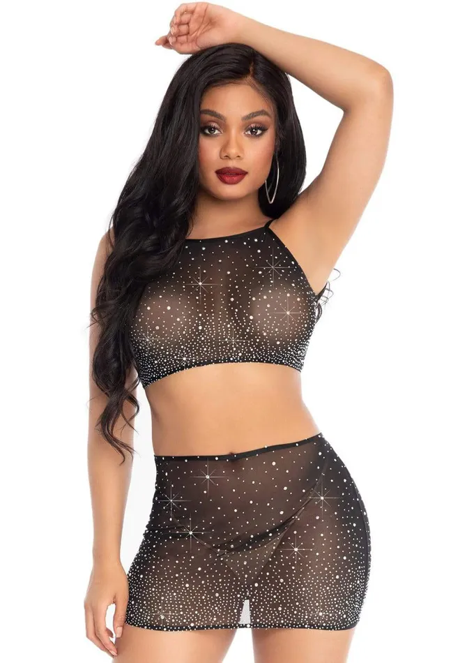 Leg Avenue 2 Pc Rhinestone Crop Top and Mini Skirt Black Medium Anal