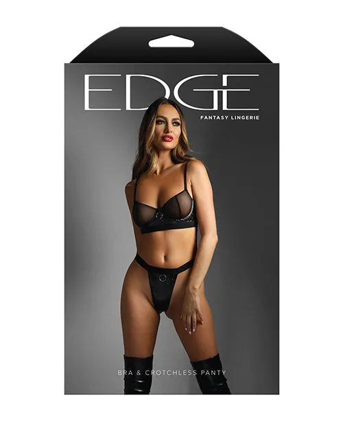 Fantasy Lingerie Edge Quilted Wetlook and Mesh Underwire Bra w Crotchless Panty Black Vibrators