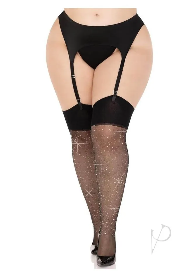 Leg Avenue Inc Anal Harmony Plus Wide Top Rhinestone Stockings Black 1X2X