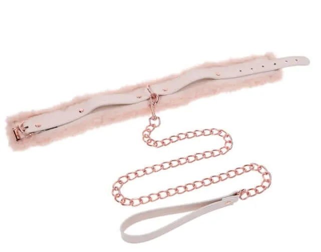Sport Sheets Vibrators Peaches n CreaMe Fur Collar Leash Luxurious Faux Fur Rose Gold Hardware Adjustable Fit