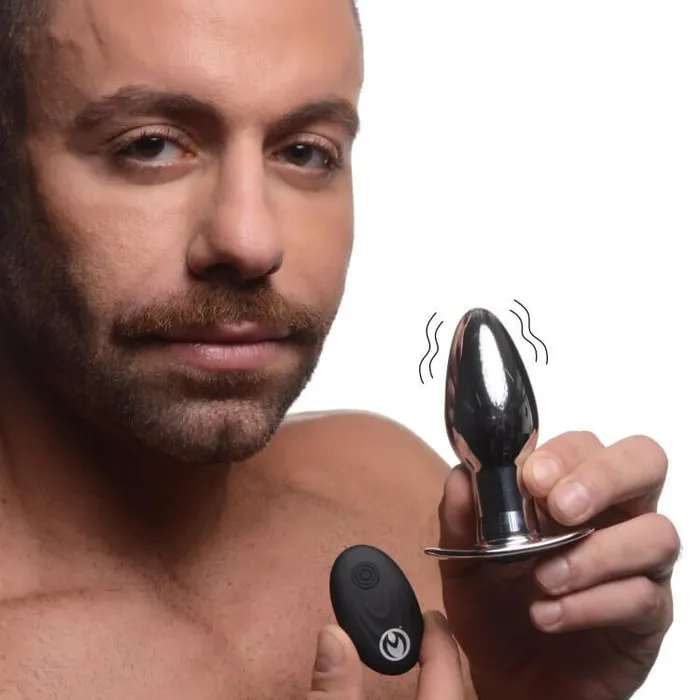 XR Brands Master Series Chrome Blast 7X Butt Plug with Remote Control Small Silver XR Brands Male Sex Toys