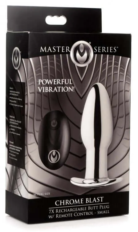 XR Brands Master Series Chrome Blast 7X Butt Plug with Remote Control Small Silver XR Brands Male Sex Toys