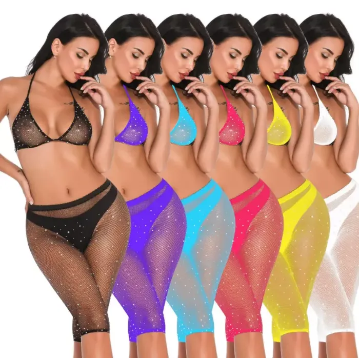 Fishnet Rhinestone Shorts Bikini Top Set Playthings Anal