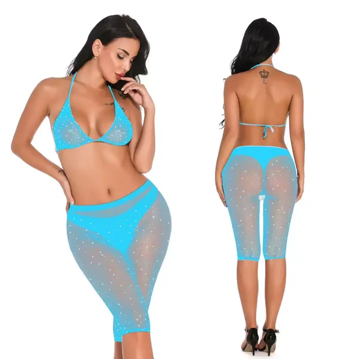 Fishnet Rhinestone Shorts Bikini Top Set Playthings Anal