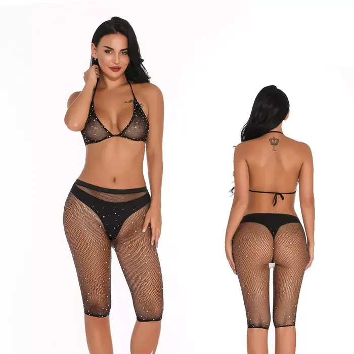 Fishnet Rhinestone Shorts Bikini Top Set Playthings Anal