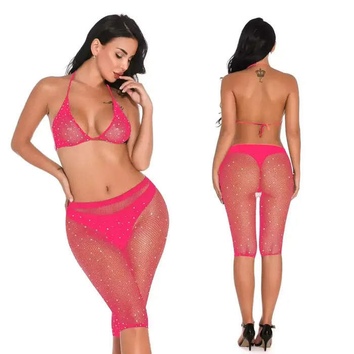 Fishnet Rhinestone Shorts Bikini Top Set Playthings Anal