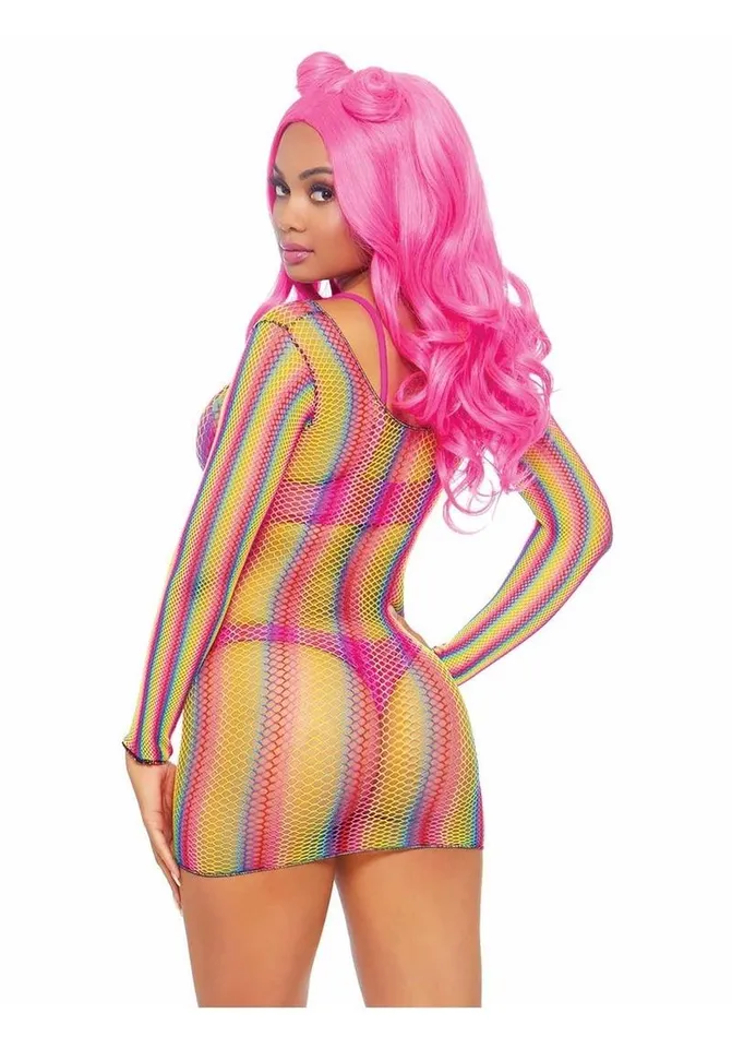 Rainbow Fishnet Long Sleeve Mini Dress Leg Avenue Female Sex Toys