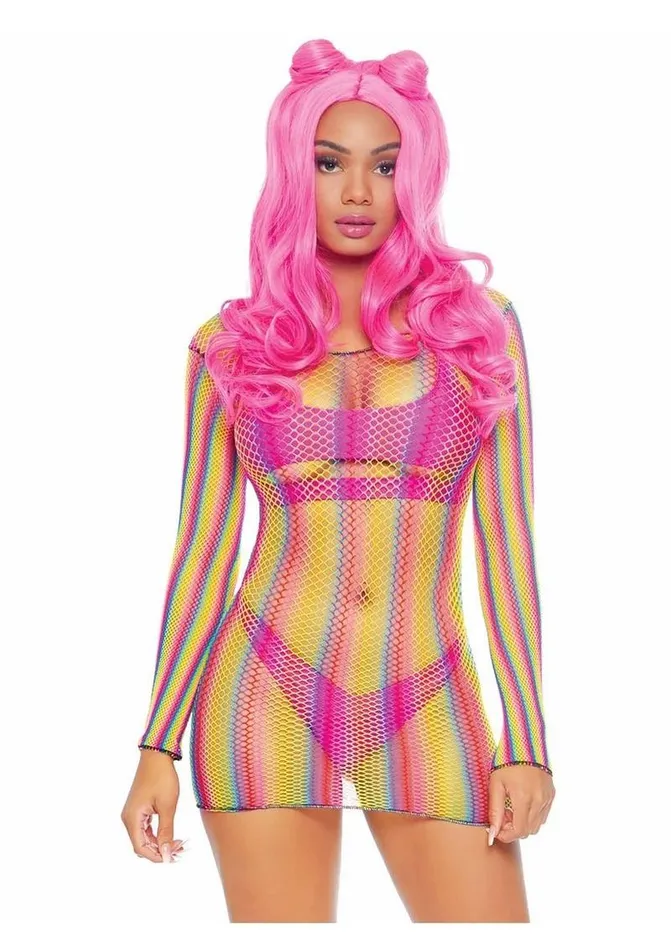 Rainbow Fishnet Long Sleeve Mini Dress Leg Avenue Female Sex Toys