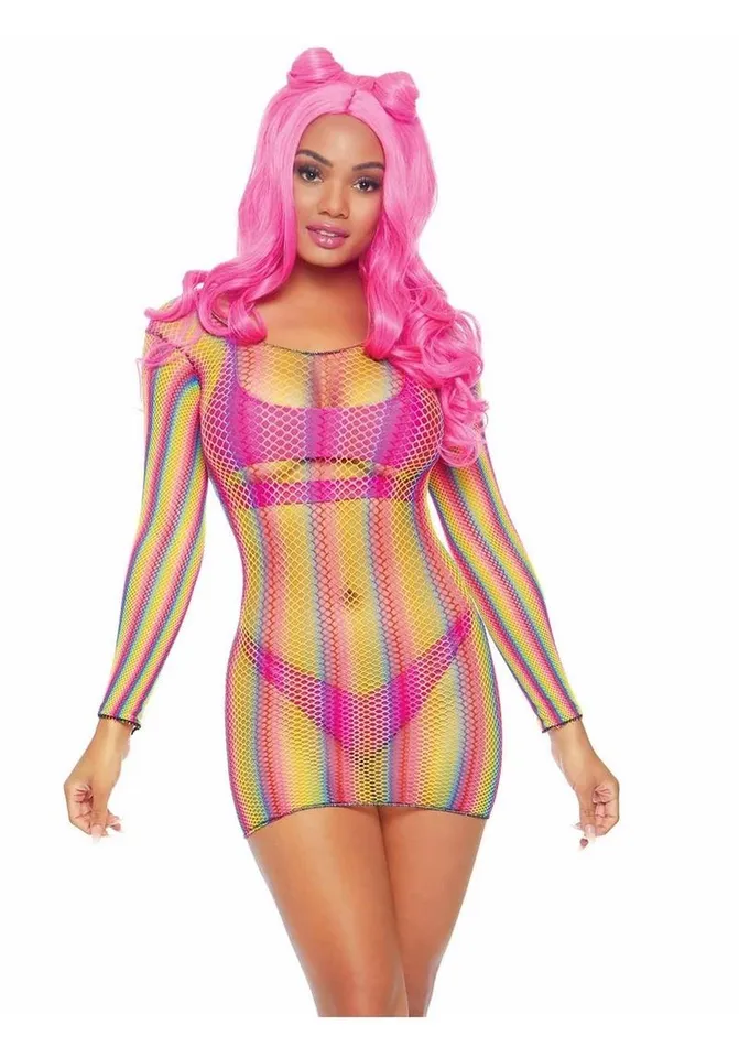 Rainbow Fishnet Long Sleeve Mini Dress Leg Avenue Female Sex Toys