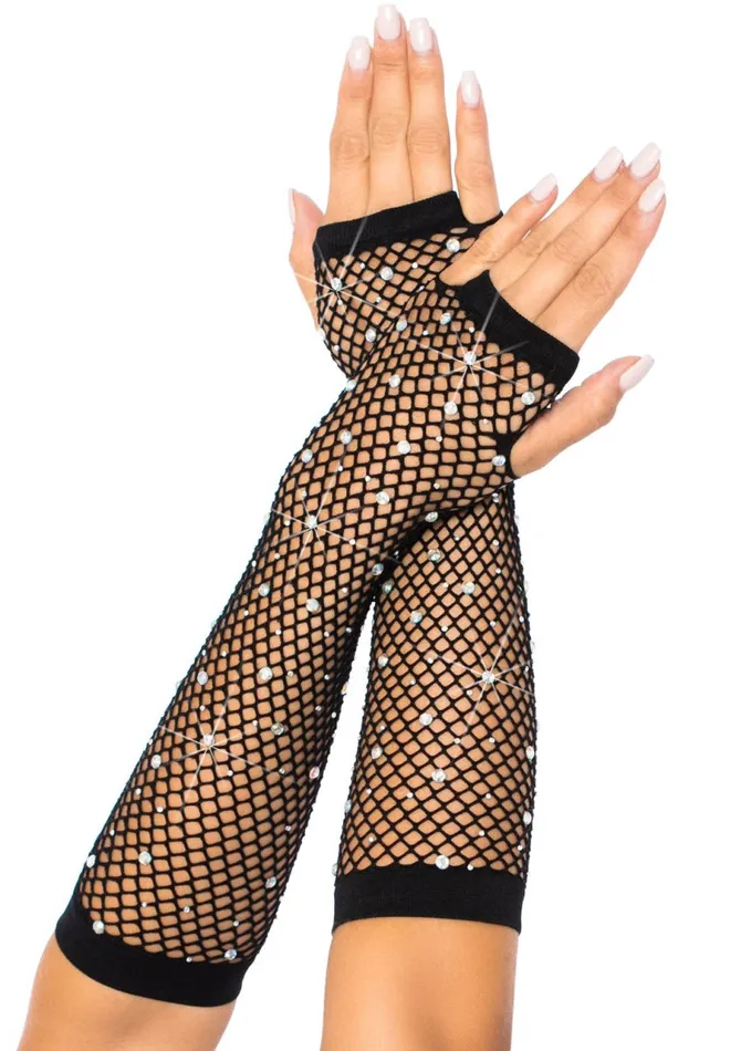 Anal Rhinestone Fishnet Arm Warmers Black Leg Avenue