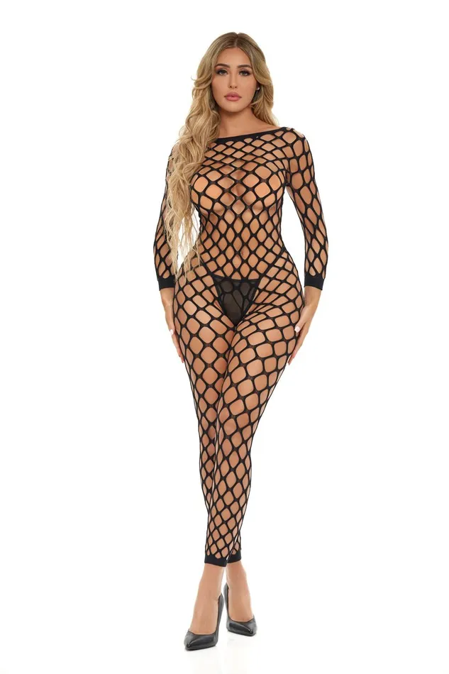 Bodystockings Playsuits Pink Lipstick Crotchless Bodystocking One Size Black