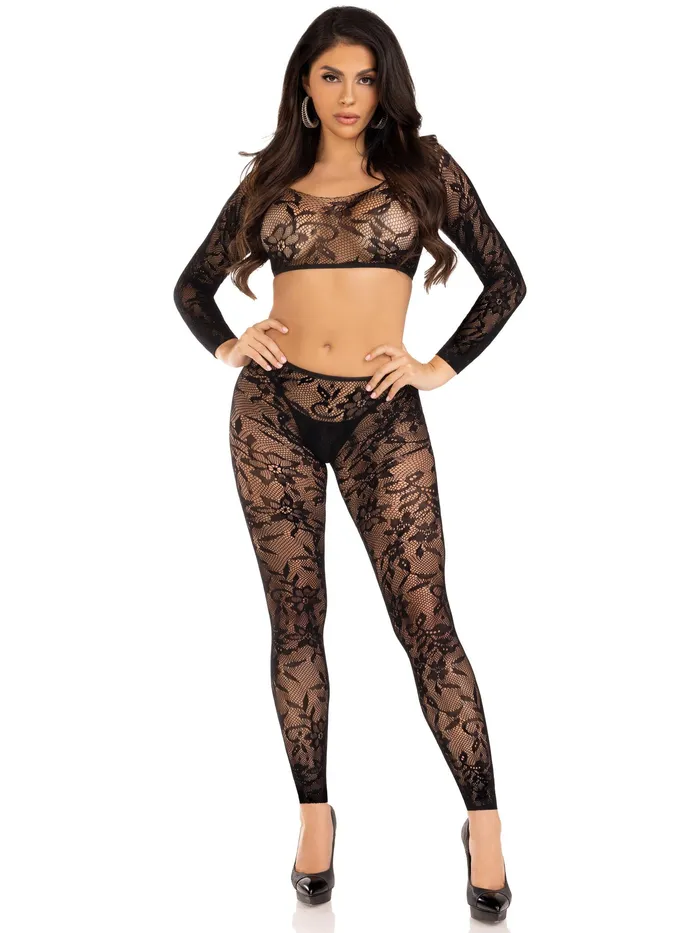 Leg Avenue 2 Pc Lace Crop Top and Footless Tights One Size Black Teddies And Bodies Leg Avenue 2 Pc Lace Crop Top and Footless Tights One Size Black Teddies And Bodies