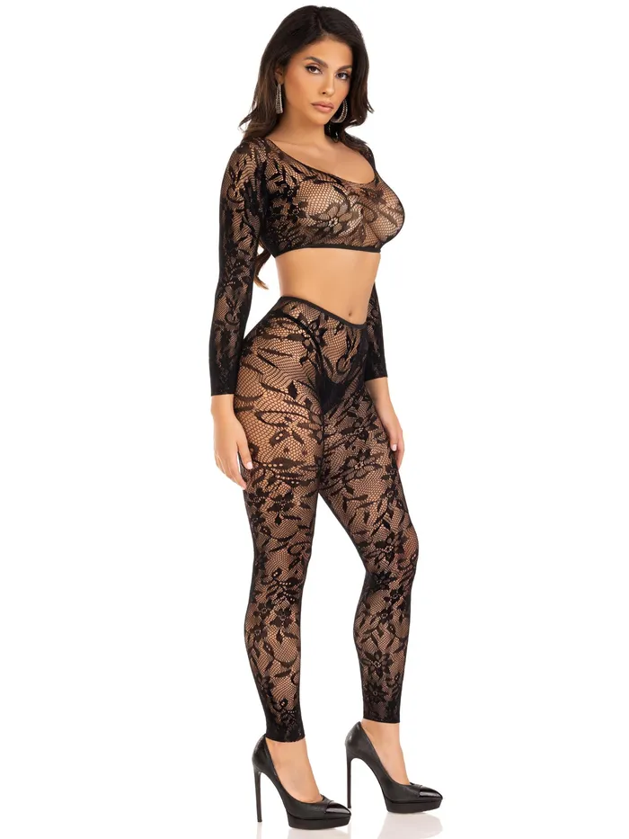 Leg Avenue 2 Pc Lace Crop Top and Footless Tights One Size Black Teddies And Bodies Leg Avenue 2 Pc Lace Crop Top and Footless Tights One Size Black Teddies And Bodies