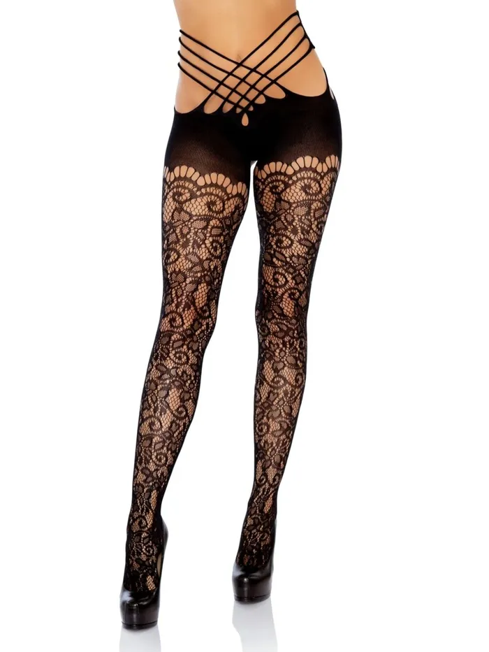 Teddies And Bodies Leg Avenue Vine Lace Strappy Wrap Around Crotchless Tights One Size Black