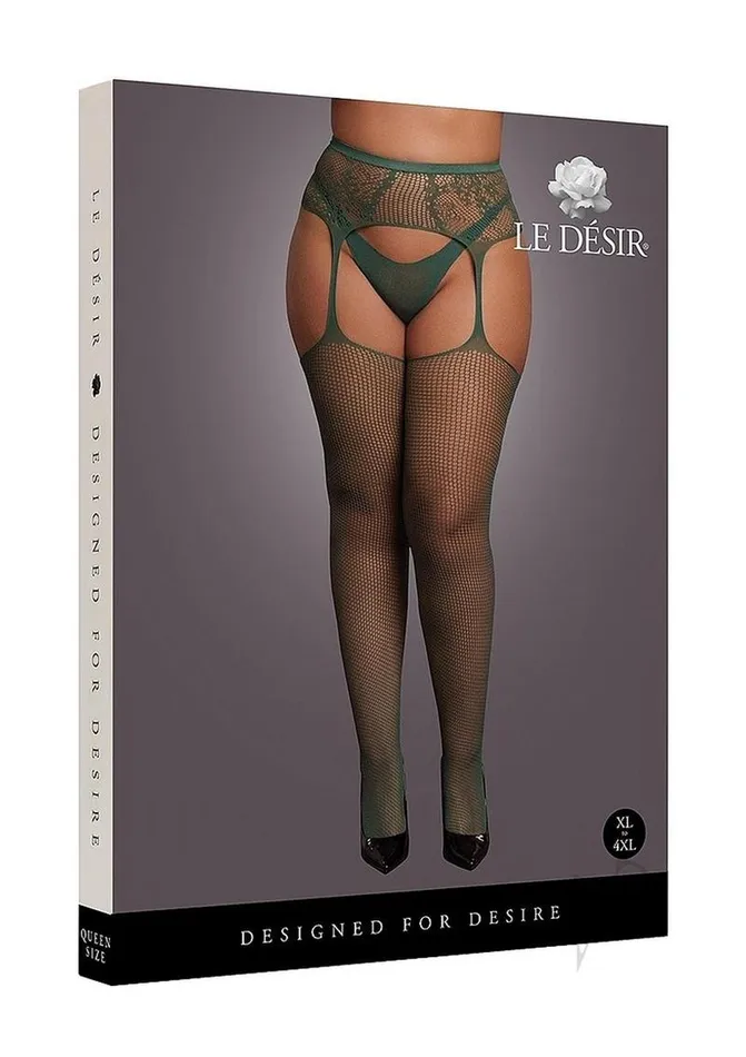Couples Le Desir Fishnet Lace Garterbelt Stocking Qn Grn