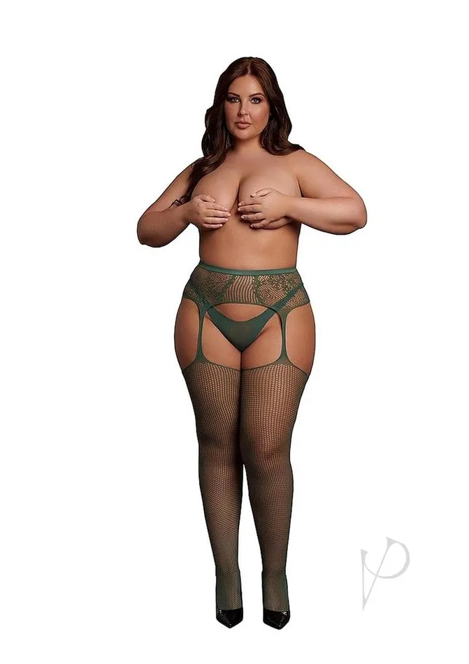 Couples Le Desir Fishnet Lace Garterbelt Stocking Qn Grn