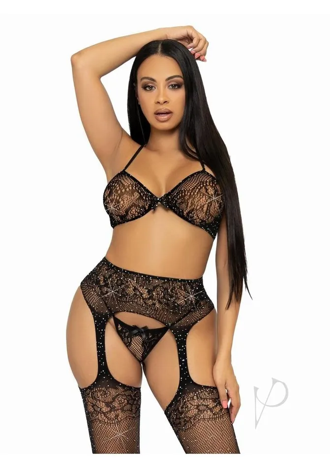 Leg Avenue Vibrators Rhinestone Bra Gstring Garter 3pc Os Blk